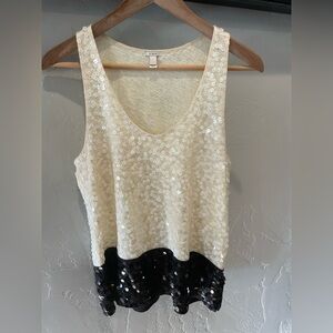 J. Crew Cream and Black Sequin Tank Top with silk trim SZ Small